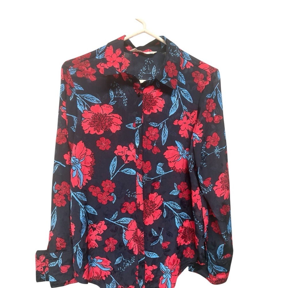 Zara Black Button-Down Floral Shirt with red & Blue Blooms - Picture 3 of 8